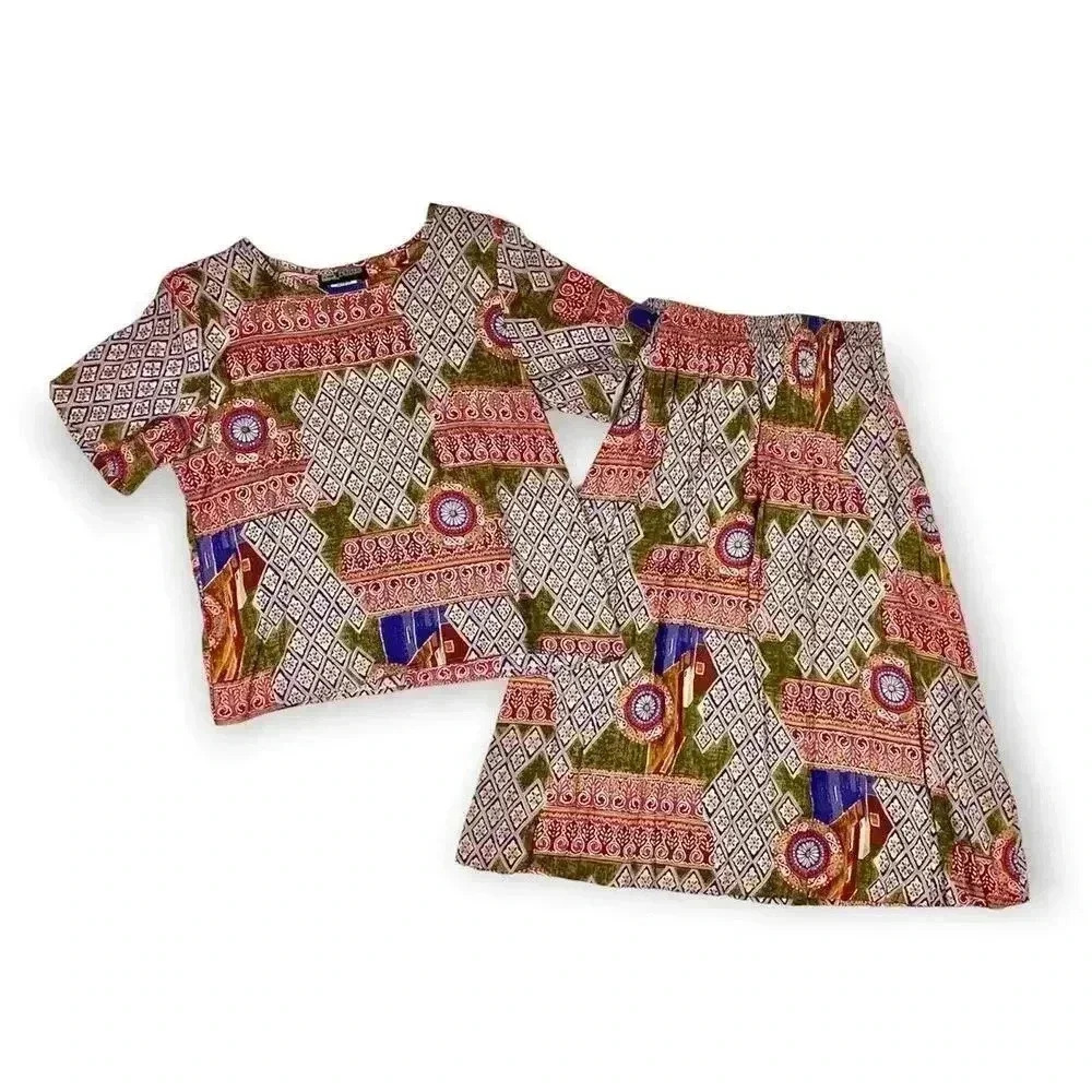 90's Black Island 2 PC Blouse Skirt Set Petite M Retro Pattern Elastic VTG‎